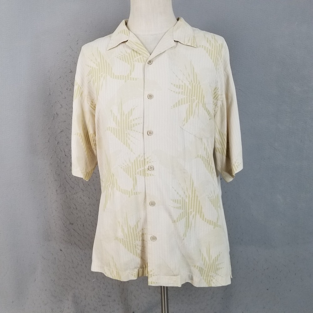Tommy Bahama Shirt Mens L Cream Silk Camp Tropical Bird of Paradise Jacquard